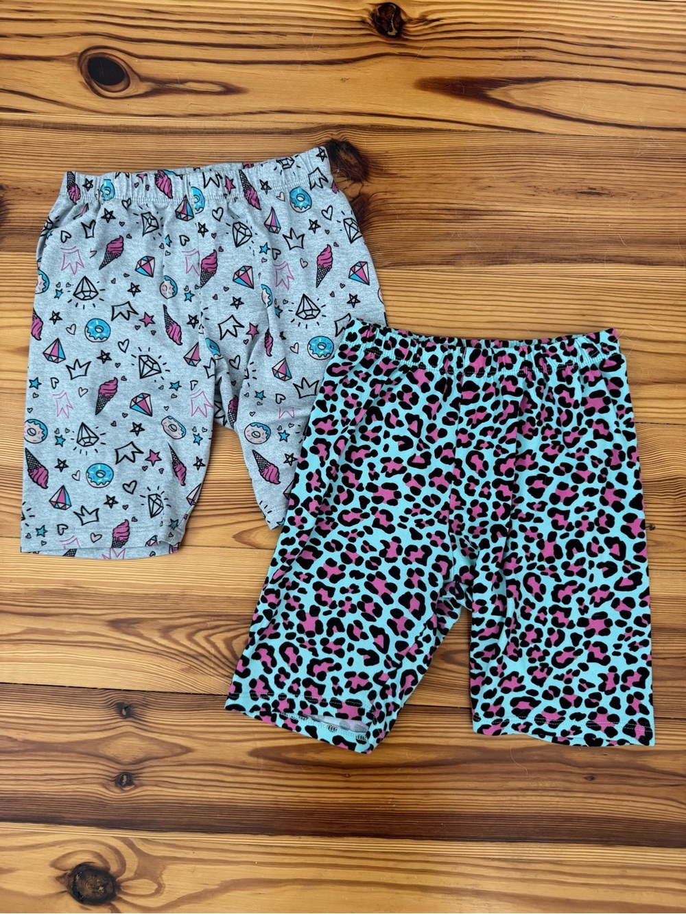 Girls Large Star Ride biker shorts blue pink leopard & icon print